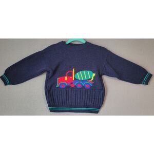 VTG 80s Polar Kids Cement Truck Sweater Blue Knit 5/6 Retro Novelty Throwback